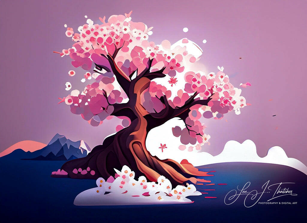 Art Bloom, digital cherry tree, pretty cherry tree drawing, cherry blossom art, pink wall art, pretty pink wall prints, pink flowers, flower art prints, pink wall prints, digital art prints, art prints for sale, art prints Australia, LJT, digital artist australia