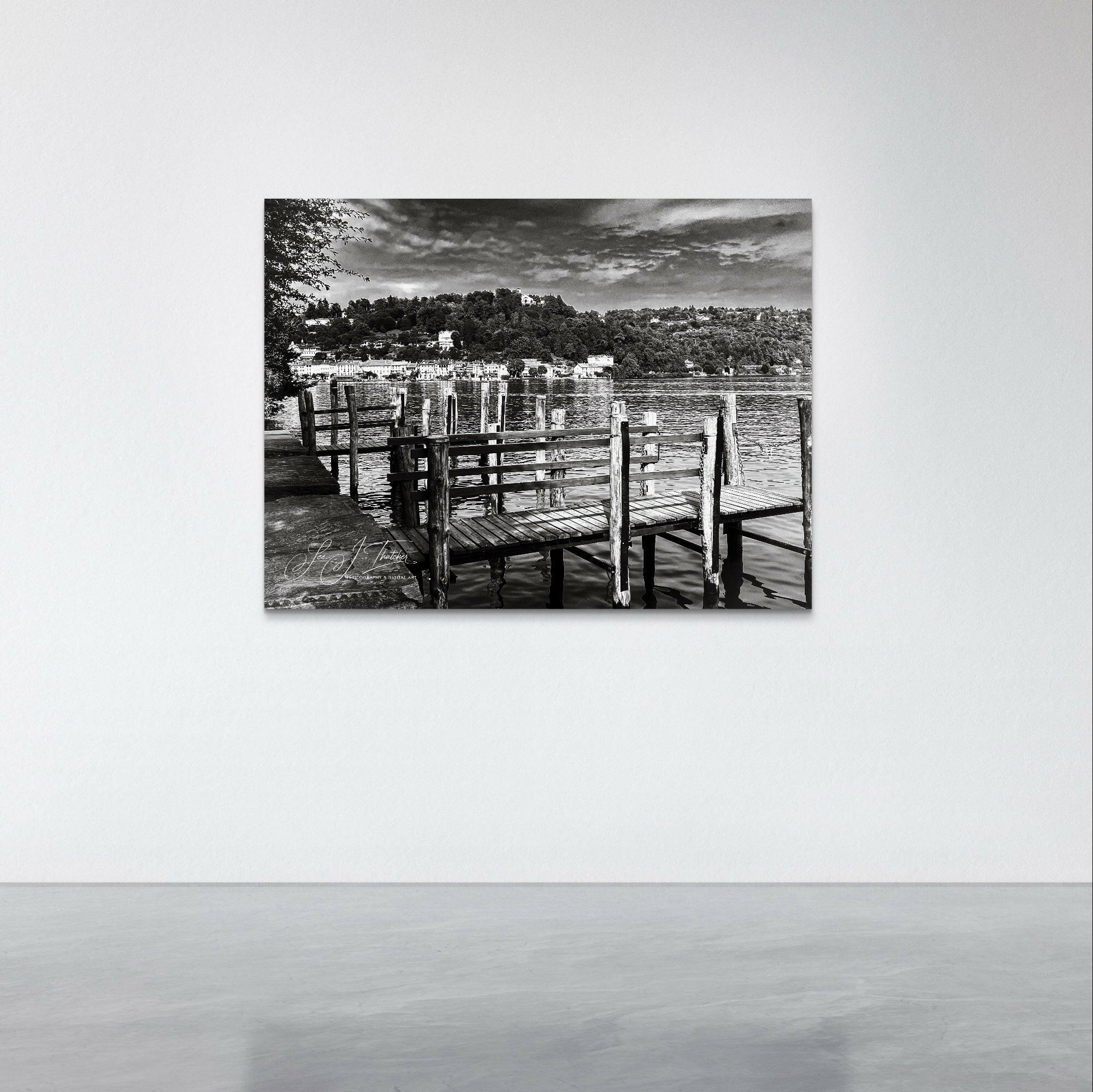Bellagio Jetty, Lake Como, black and white wall art, monochrome wall decor, black and white art prints, Italy travel photography, Digital Art prints for sale, LJT photography, Australian fine art photography, Australian small business