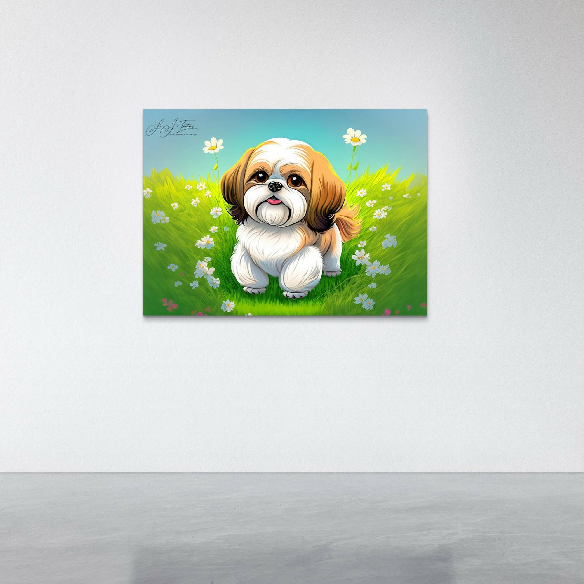 Cartoon Coop, puppy art, dog artwork, dog art prints, dog in a field art, cute dog art, pet lover, pet lover art, Cartoon dog wall art, art prints, Wall art,