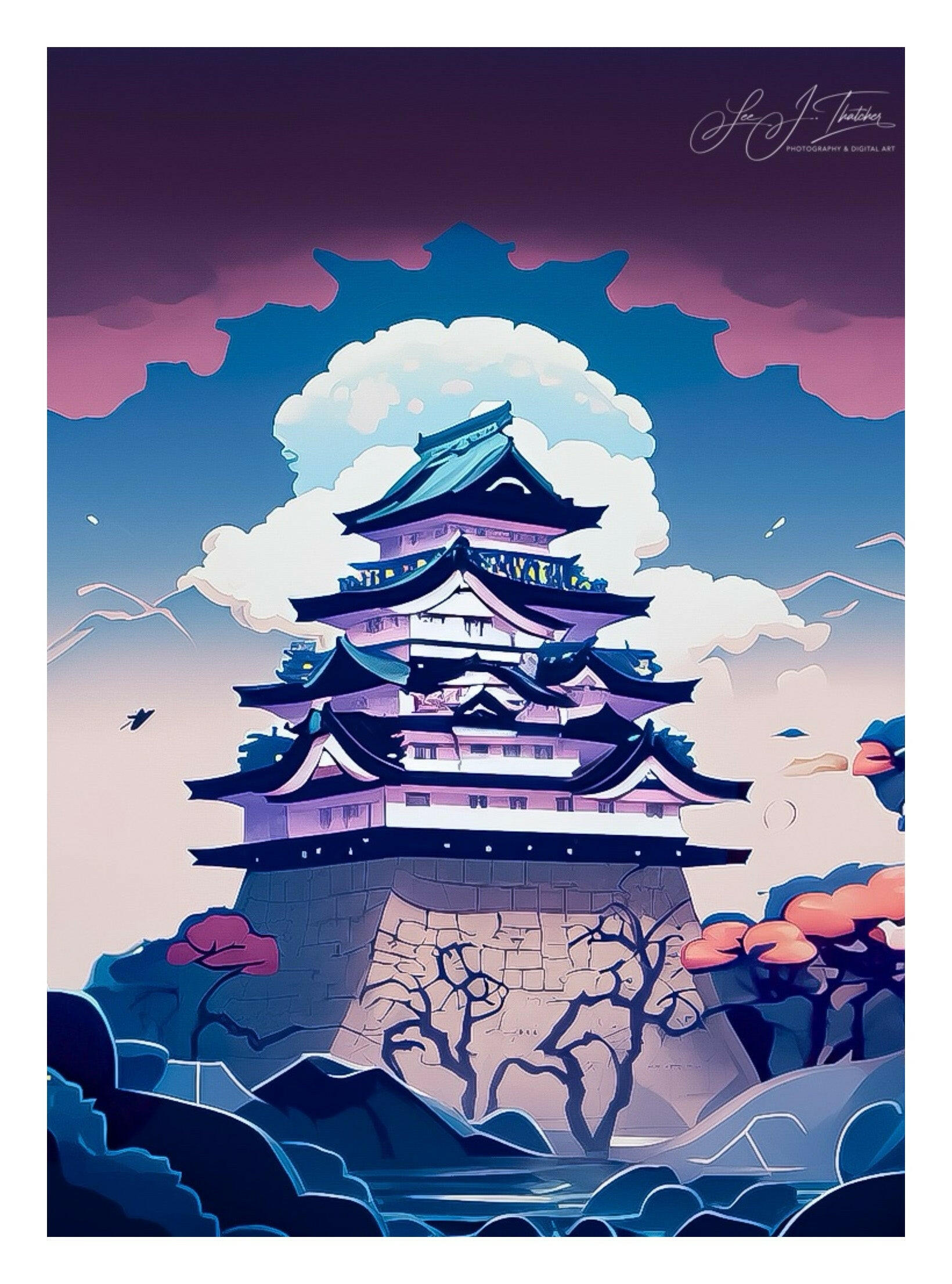Castle Darkness, Digital Art Prints, Osaka wall art, Japanese inspired art, dark fantasy art, historical landscape decor, Wall art, home art pieces,