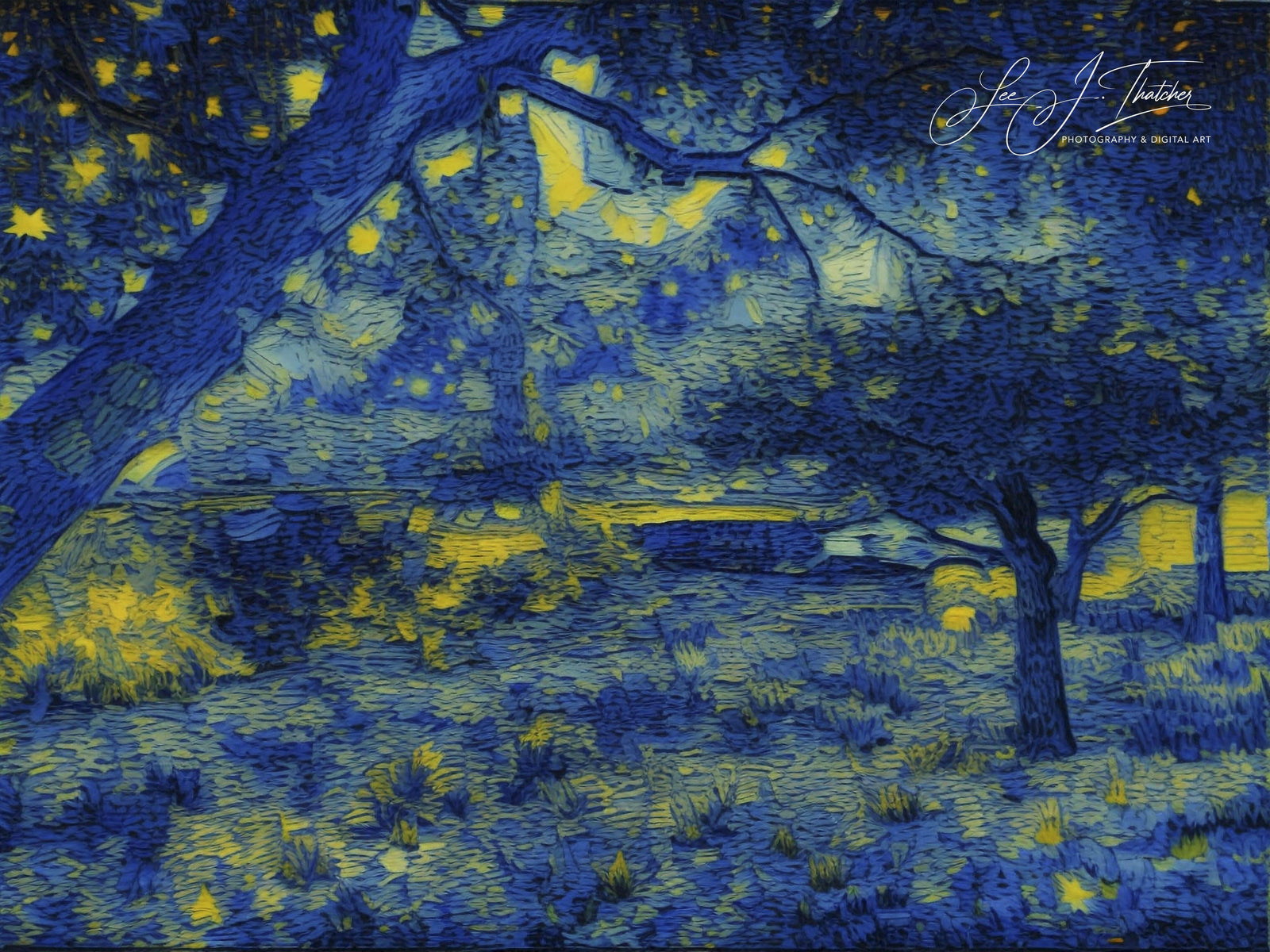 Christchurch Creek, travel photograph, Digital art, Fine Art Prints, Melbourne Photographer, Reimagined photography, blue artwork, Blue and yellow art, Blue abstract art, Wall Art, wall art for office, wall art prints, wall art prints offices