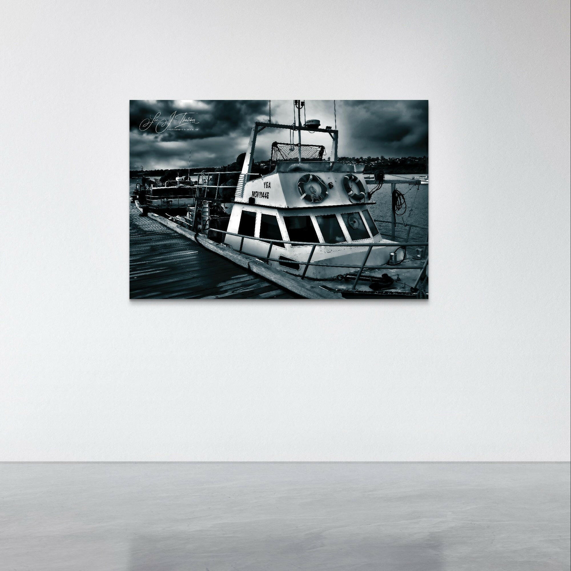 Dark 'n' Stormy, dark ocean artwork, Boat art prints, ocean artwork, Australian photographer, Australian art prints, fishing boat photography, Mornington Pier photography, Monochrome art prints, monochrome framed art, dark ocean aesthetic, Moody Boat art, ocean lover art,