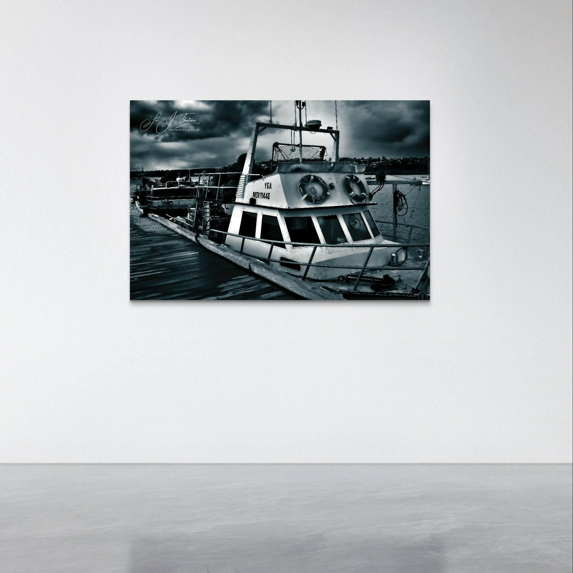 Dark 'n' Stormy, dark ocean artwork, Boat art prints, ocean artwork, Australian photographer, Australian art prints, fishing boat photography, Mornington Pier photography, Monochrome art prints, monochrome framed art, dark ocean aesthetic, Moody Boat art, ocean lover art,