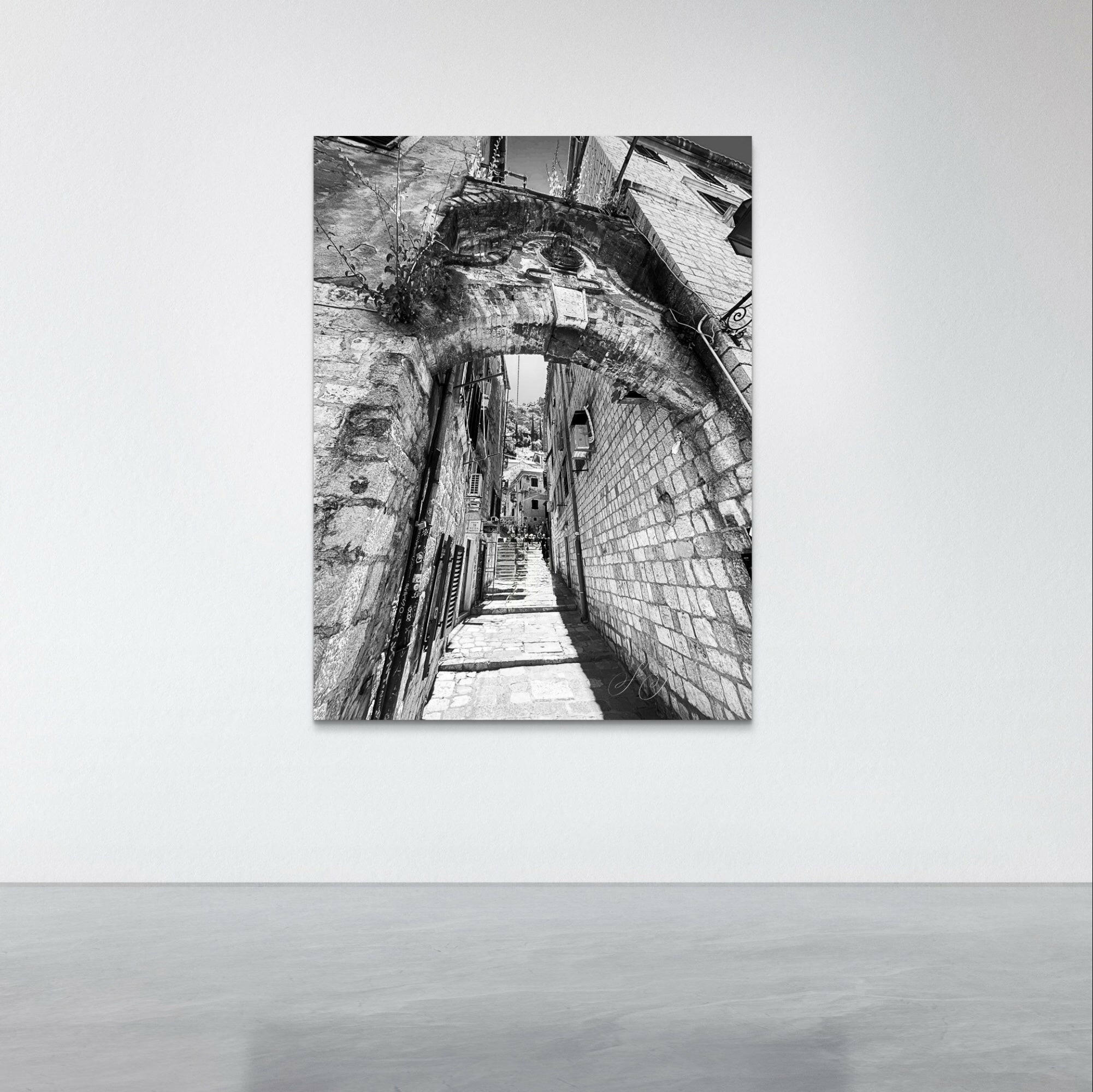 Kotor Alley, Fine Art Photograph, monochrome photography, Montenegro travel photography, stone art prints, black and white photography prints, art for home, art for office, art to elevate your space.