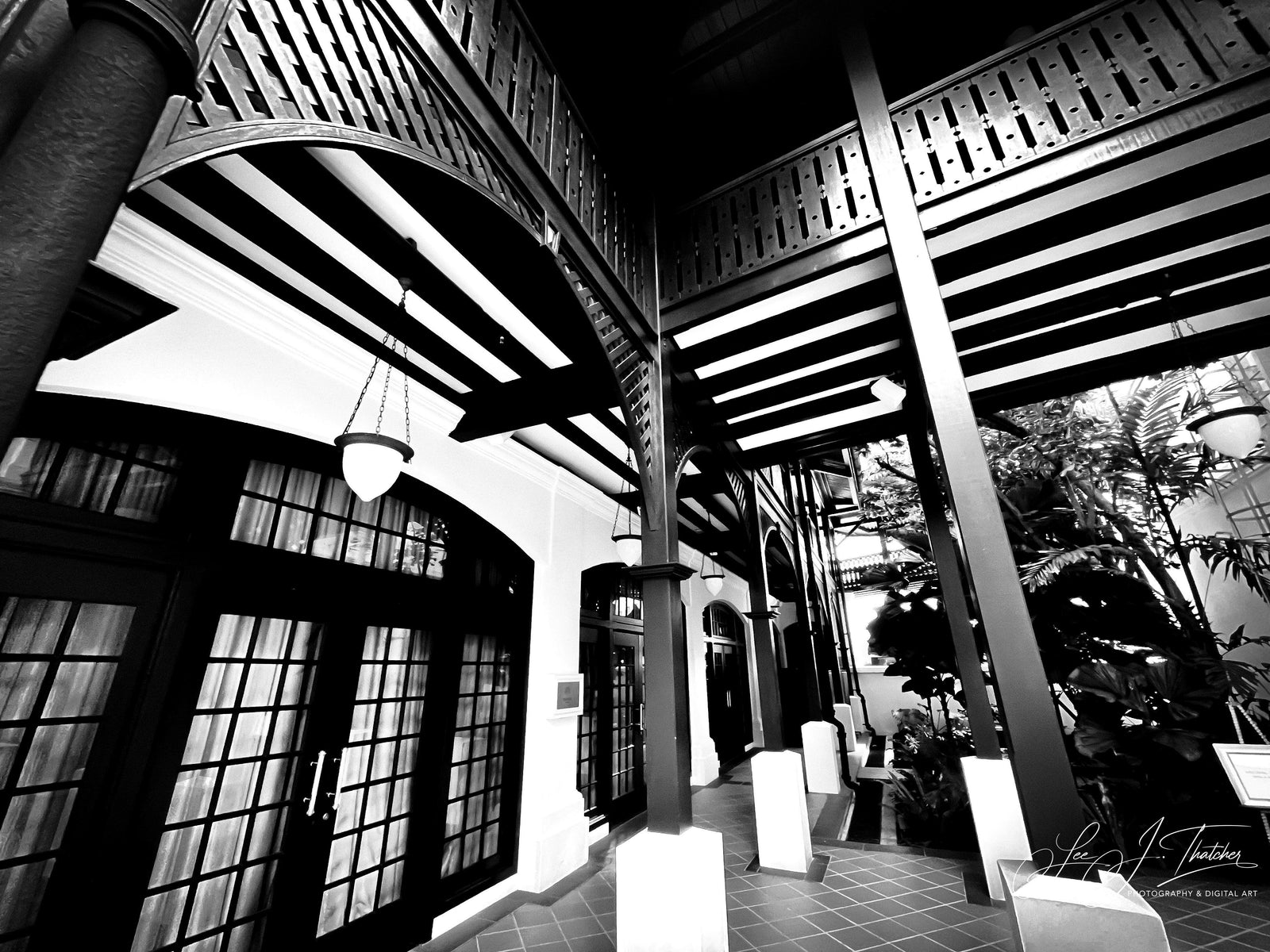 Raffled, Fine Architectural Photography, Raffles Hotel Singapore, black and white photography, black and white art prints, Singapore travel photography, Monochrome wall art, Colonial architecture art work, LJT Photography, Australian photographer, Art prints Australia