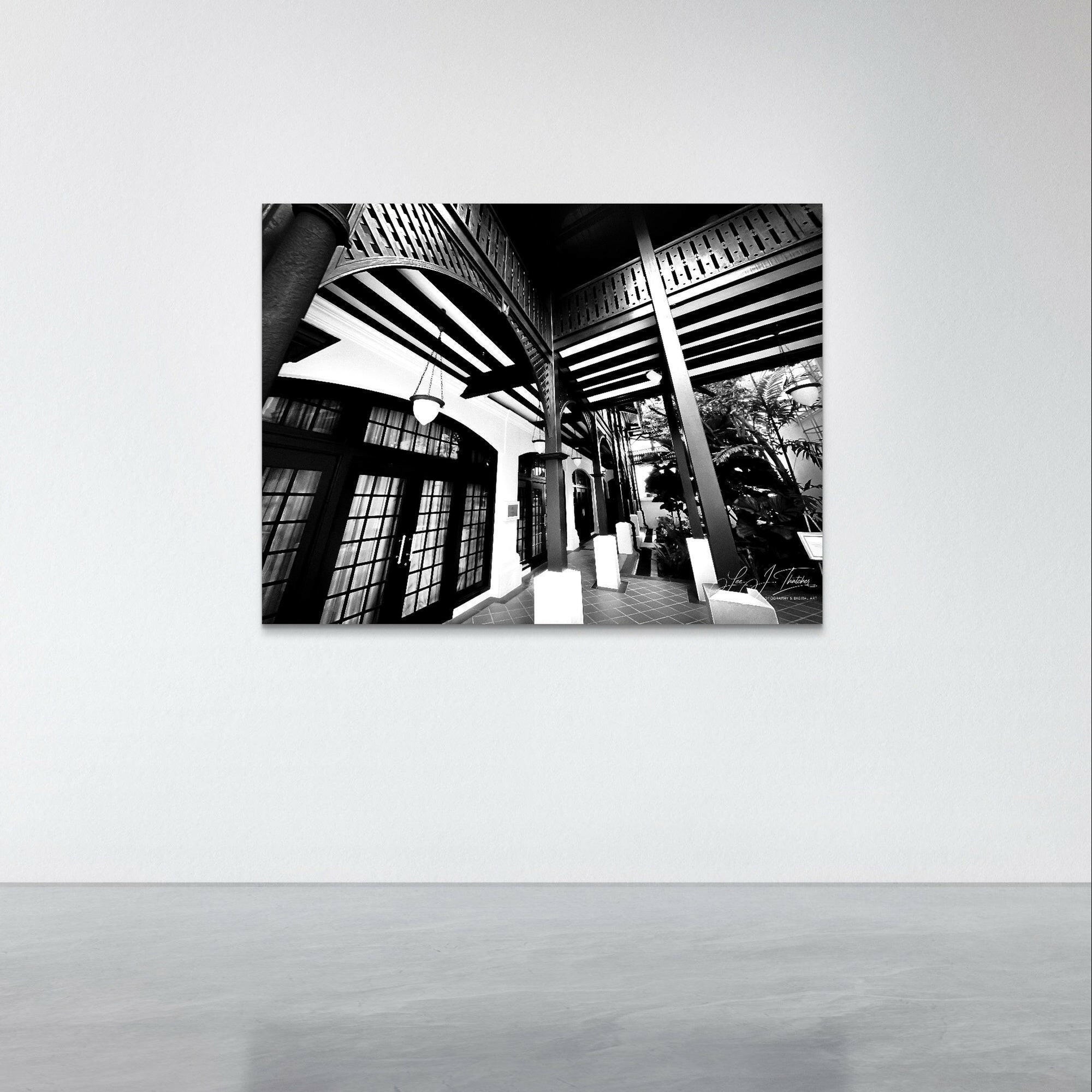 Raffled, Fine Architectural Photography, Raffles Hotel Singapore, black and white photography, black and white art prints, Singapore travel photography, Monochrome wall art, Colonial architecture art work,