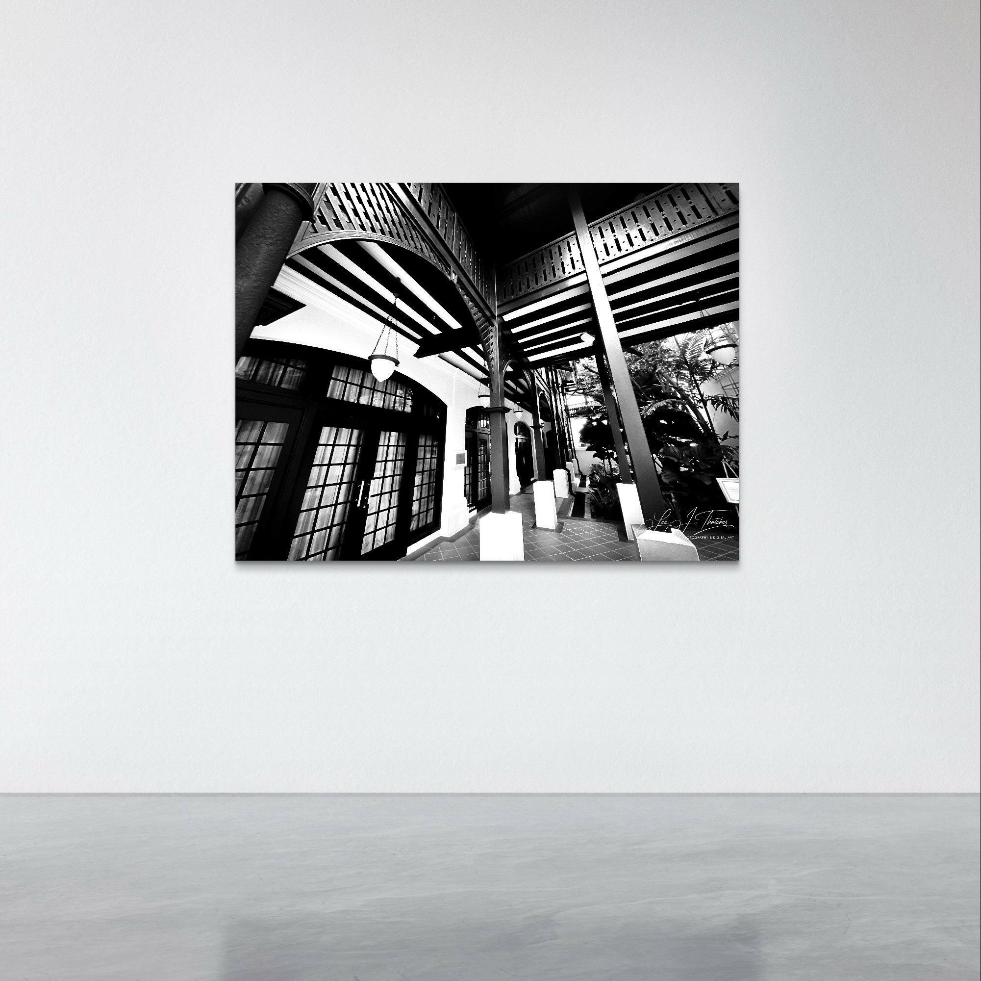 Raffled, Fine Architectural Photography, Raffles Hotel Singapore, black and white photography, black and white art prints, Singapore travel photography, Monochrome wall art, Colonial architecture art work,