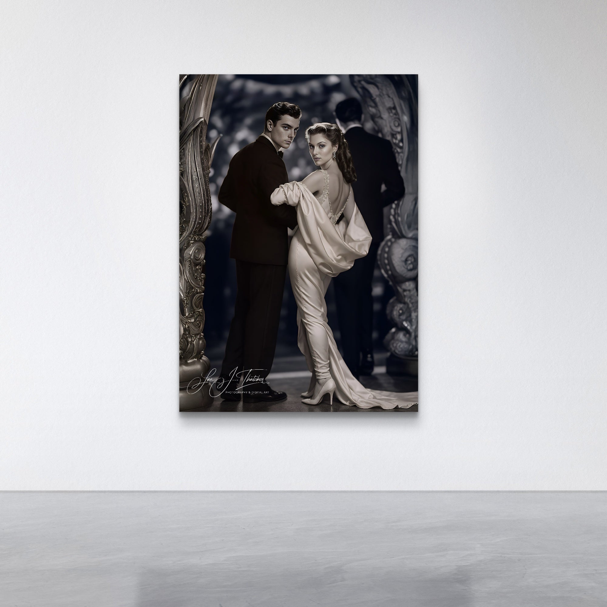 Red carpet couple, classy couple,  classic Hollywood photography, Lee Thatcher, Digital art prints, quiet sophistication, nostalgic photography, bygone era, Hollywood glam